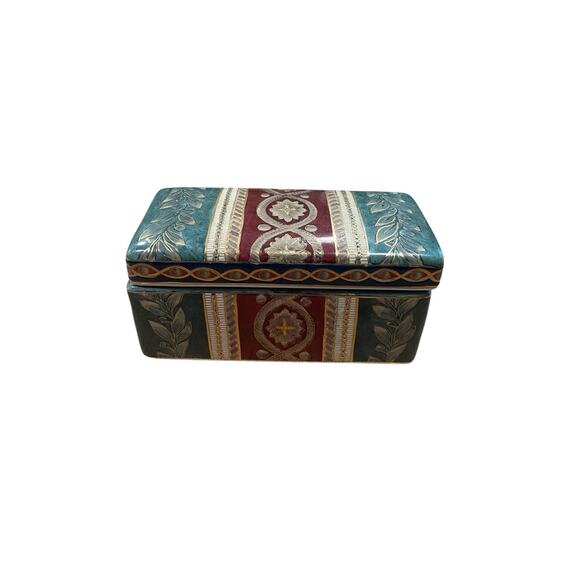 Vintage Ceramic Trinket Box with lid, Glazed Pottery, Burgundy, Green, Gold - Picture 2 of 9